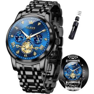 OLEVS Mens Watches Chronograph Watch Luxury Dress Stainless Steel Waterproof Watches for Men Moon Phase Luminous Business Calendar Wrist Watch Blue/Black/Green/Gold/Face