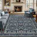 9x12 Vintage Washable Area Rug for Living Room,Low Pile Non Slip Carpet Non-Shedding Large Area Rug Soft Indoor Stain Resistant Rug Floral Print Mat for Bedroom Dining Room Blue