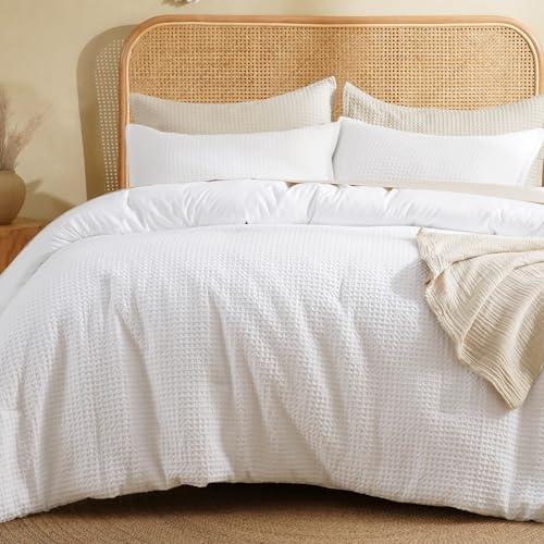 David's Home Waffle Weave Comforter Set 3PCS California King Size, Soft Breathable Lightweight Skin-Friendly Warm for All Season, Elegant Aesthetic Home Decor Bedding Set with Pillow Shams, White
