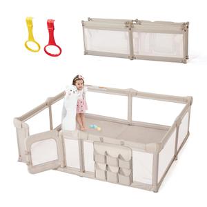 Baby Playpen,79"x59" Foldable Playpen for Babies and Toddlers with Gate ,Large Baby Play Pens with Zipper Door, Play Yards Play Area (Light Khaki)