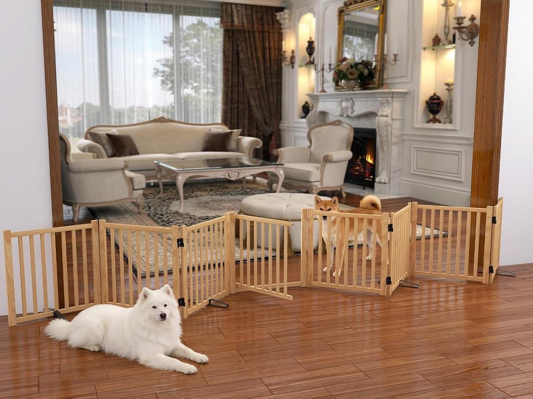 Wooden Freestanding Dog Gate Indoor, 23" H Wood Dog Gates with Door Walk Through, No-Painted Folding Doggy Gate for Doorway, Portable Puppy Fence for Stairs- 8 Panels