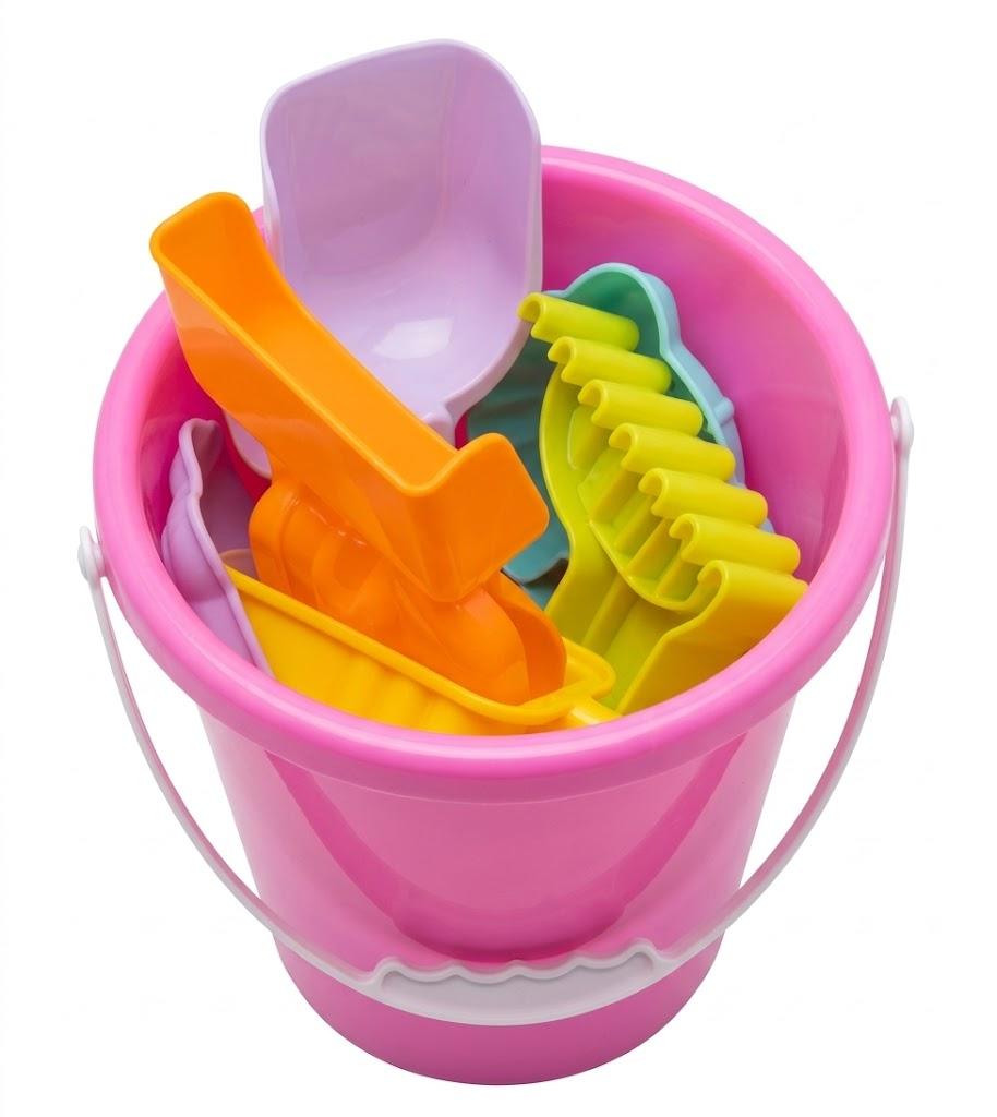 Beach Bucket Toy Set 9 Piece 1 Bucket 2 Shovels 1 Rake 5 Sand Molds 4 Pack