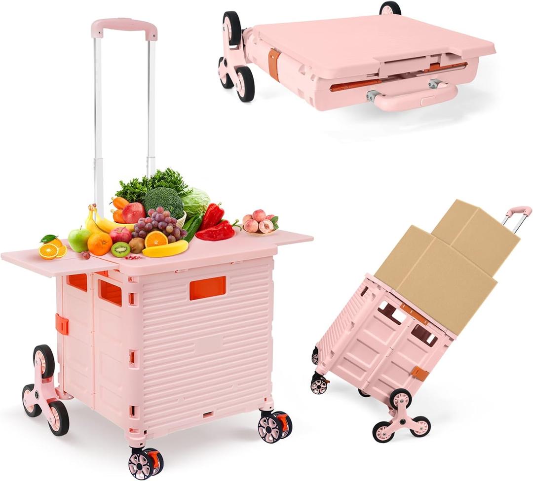 Foldable Utility Cart with Stair Climbing Wheels,Collapsible Rolling Crate with Magnetic Lid Telescopic Cover,Telescoping Handle,360 Rotate Wheel Hand Cart for Teacher Shopping Moving Grocery(Pink)
