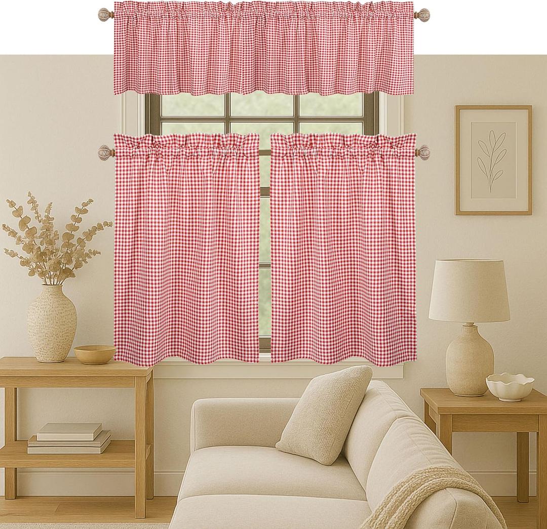 Native Fab Gingham Check 3 Pieces Window Curtain Tiers 26"x36" and Valance 54"x18" Set - Rod Pocket - Semi Sheer - Farmhouse Small Curtain for Kitchen, Bedroom, Living Room - Red and White