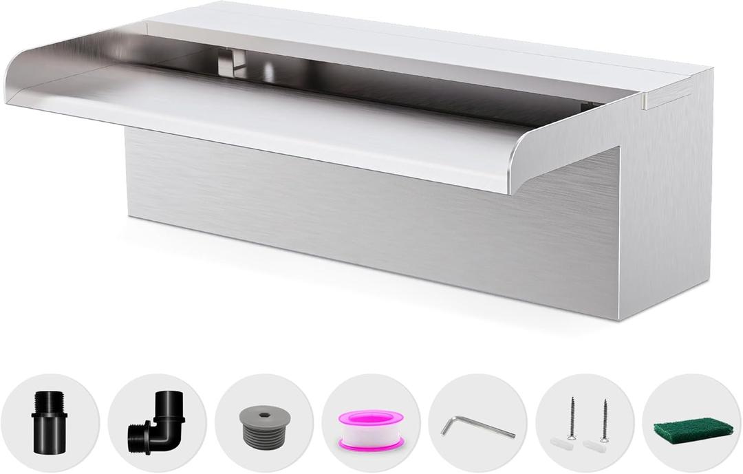 Waterfall Pool Fountain LONGRUNNEW 304 Stainless Steel 11.8" Rectangular Waterfall Spillway, Water Fall Fountain with Pipe Connector for Garden Outdoor, Swimming Pools, Fountains, Pond and Spa (12 INCH-Regular)