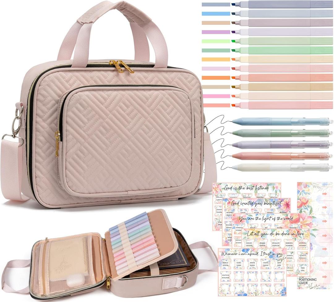 Bible Cover Case for Women, Large Bible Bag w/Shoulder Strap, Bible Study Supplies Journaling Kit Pink Book Carrying Case with Pastel Highlighter Tabs, Easter Mothers Day Christian Gifts for Women Mom