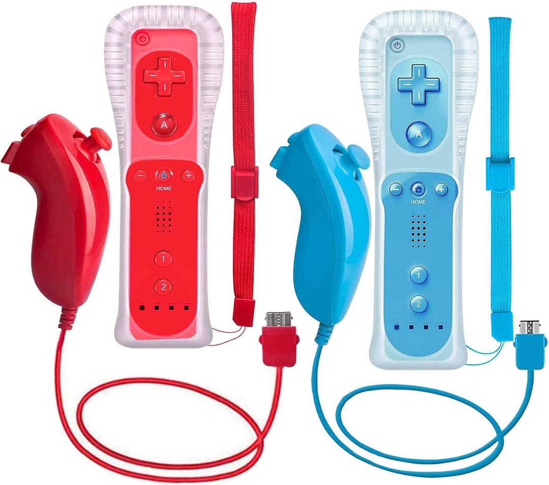 2 Packs Wii Controller and Nunchuck for Wii and Wii U Console, Gamepad with Silicone Case and Wrist Strap (Red and Blue)