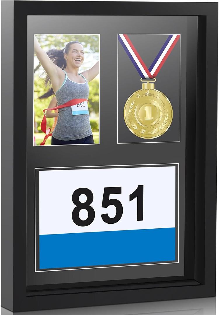 RattanView Medal Display Frame Shadow Box 3 in 1 Marathon Medal and Photo Display Frame Case 17 x 12.5 Inch Black Wood Award Storage Box for Runners, Race Bibs All Sport Winner, Military Award(Black)