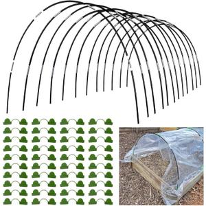 Greenhouse Hoops Grow Tunnel 60 Pcs 16 Inch Up to 12 Sets of 7ft Long Plastic-Coated Rust-Proof Fiberglass Garden Hoops for Raised Beds with 50 Pcs Metal Connect Pipes and 40 Clamps