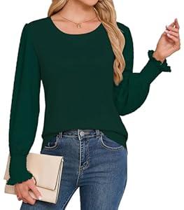 Kopinma Blouses for Women Casual Puff Long Sleeve Shirts Crew Neck Blouses Knite Textured Smocked Cuffs Tunic Top (Green, M)