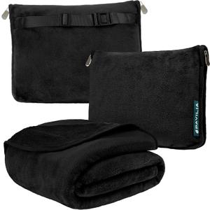 PAVILIA Travel Blanket Pillow, Soft Airplane Blanket 2-in-1 Combo Set, Plane Blanket Compact Packable, Flight Essentials Car Pillow, Travelers Gifts Accessories, Luggage Backpack Strap, 60x43 Black