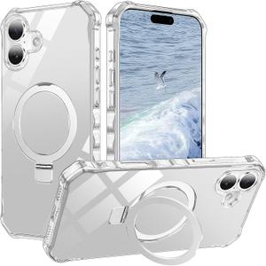 STERKER Compatible with iPhone 16 Plus case with Stand Magnetic Ring Holder [Compatible with MagSafe][Military-Grade Drop Protection] Slim Back Cover with Good Grip Curly Wave Edge, Clear