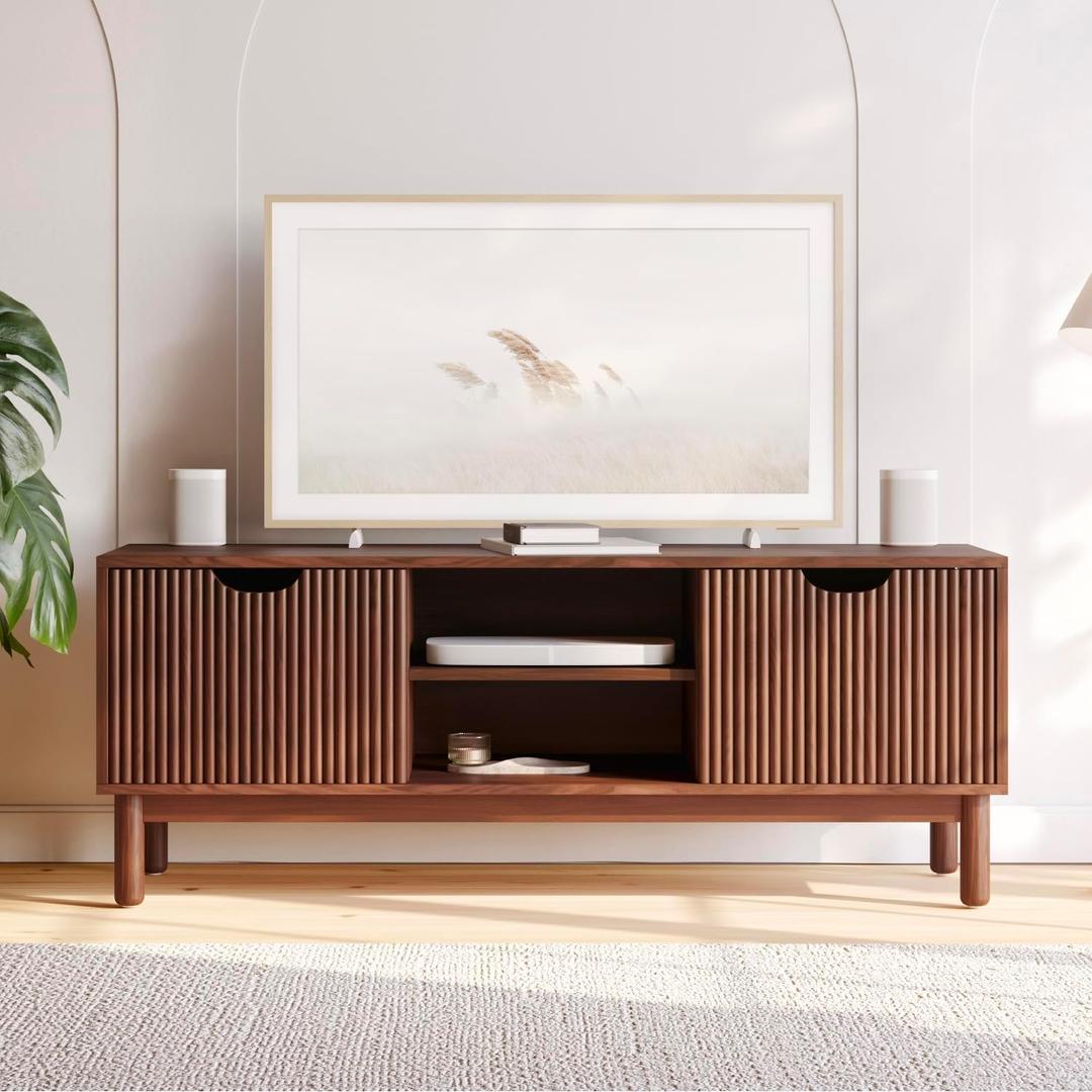 Low Profile Fluted TV Stand - Mid Century Media Console - Living Room Furniture - 48 Entertainment Center with Shelves & Doors - Fits 55" TVs - Walnut TV Console for Home Decor (Walnut Finish)