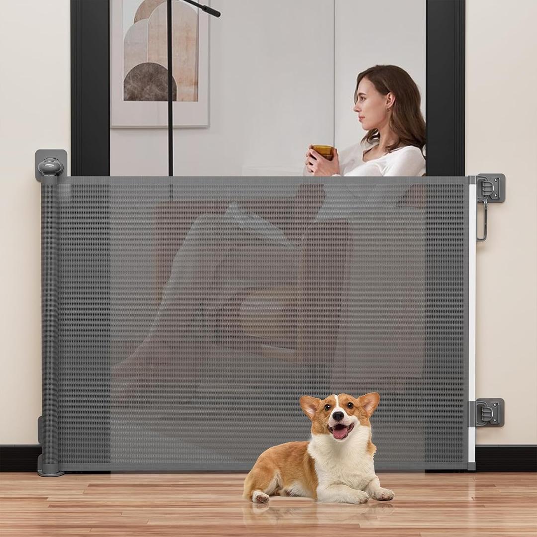 Babepai Retractable Baby Gates for Stairs No Drill, Dog Gates for Doorways, Mesh Baby Gate Extends to 55" Wide 34" Tall, Pet Gate Indoor Use for Hallways, Porch, Patio, Outdoor - Gray