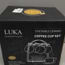 LUKA Ceramic Espresso Cups with Saucers and Metal Stand, Small 4 oz Porcelain Demitasse Cups Set of 6, Cute Cappuccino Coffee Cups for Double Espresso, Tea, Marbling White