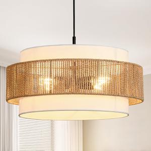 Farmhouse Rattan Chandelier, 19.7" Boho Pendant Light Fixture with Fabric Lampshade, 4-Light Bohemian Drum Chandelier for Dining Room, Living Room, Kitchen Island, Hallway, Foyer