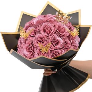 Waipfaru Glitter Roses Bouquet, DIY Fake Flowers Bouquet, Everlasting Shiny Rose Gold Artificial Flower for Valentines, Anniversary, Engagement, Wedding, 24 Pcs