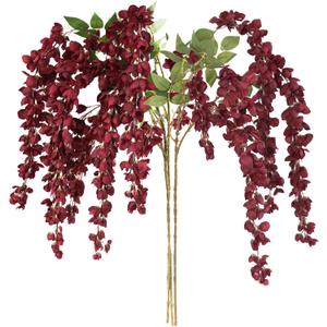 3Pcs Wisteria Artificial Flowers Branches 43In Fake Wisteria Floral Hanging Plant for Party Floor Vase Balcony Wedding Floral Arrangement Decoration (Red)
