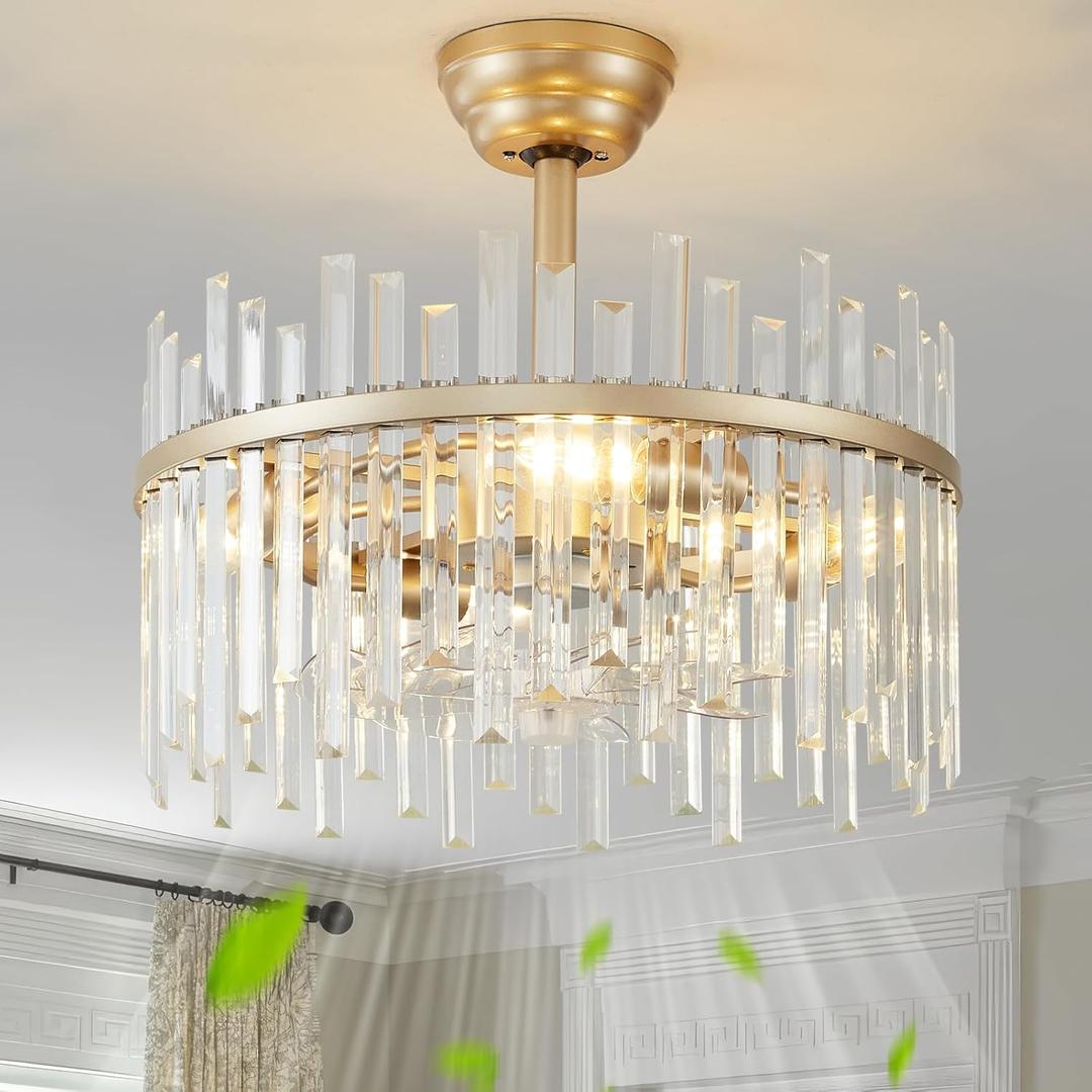 20" Gold Crystal Fandelier Ceiling Fan with Light, Gold Crystal Chandelier Ceiling Fan with Light Remote Control, 6 Speeds for Bedroom, Nursery, Living Room
