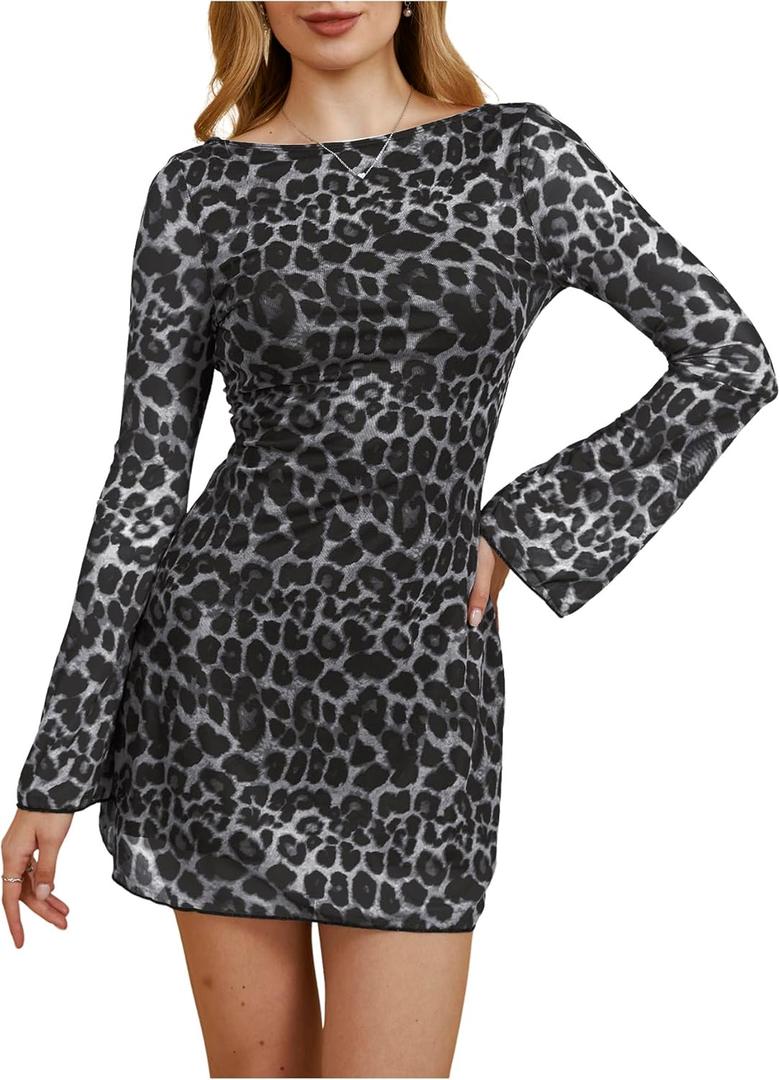 MakeMeChic Women's Cheetah Print Mini Dress Y2k Bell Sleeve Leopard Print Dress Going Out Outfits (Medium, Grey)