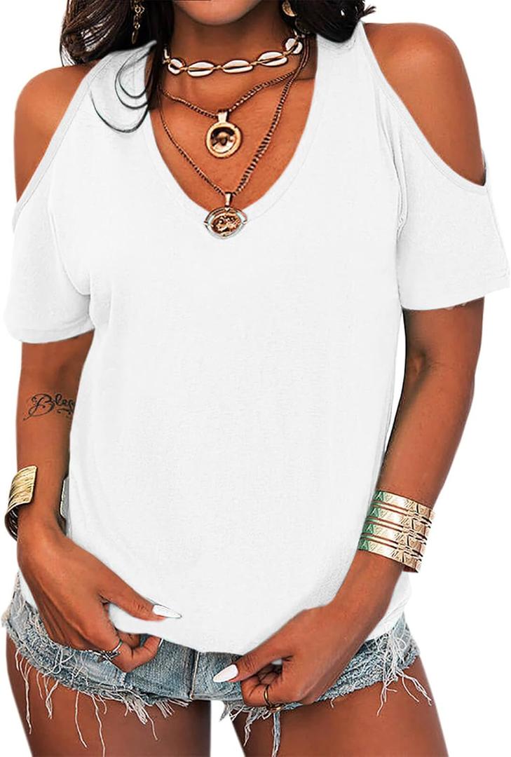 Eurivicy Women's Summer Cold Shoulder T-Shirt Casual Short Sleeve V Neck Blouse Top (X-Large)