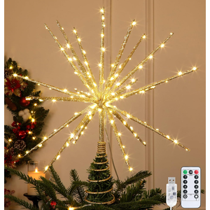 3 Pack Starburst Christmas Tree Topper with 150 LEDs & Remote, Gold | USB Powered with Auto Timer, Fits Trees Up to 9FT, Multiple Lighting Modes Create a Festive Glow