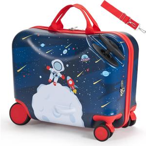 VEVOR Ride-on Luggage, 26 L Capacity, 18 Inches Tow Along Toddler Carry on Luggage with Wheels, Adjustable Shoulder Strap, Lightweight Kids Riding Suitcase for Boys & Girls Aged 3+, Blue & White (Spaceman)