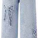 WDIRARA Girl's Bowknot Print Washed Jean Elastic Waist Denim Pants Straight Leg Trousers with Pockets Light Blue 7Y