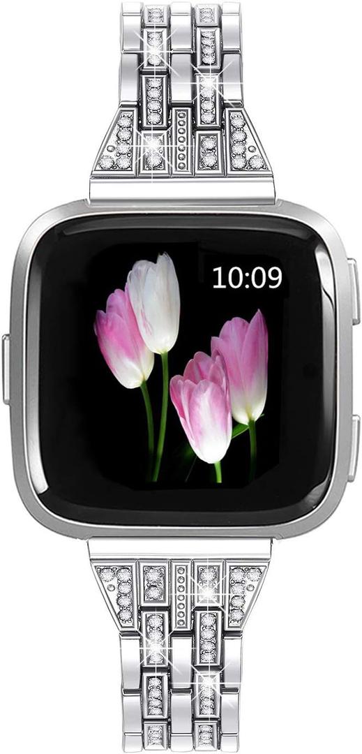 Bands Compatible with Fitbit Versa 2/Versa Lite/Versa, Women Replacement Metal Rhinestone Bling Bracelet Wristband, Silver