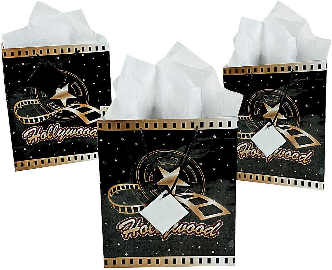 Medium Hollywood Gift Bags with Tags - Set of 12 - Movie Night and Awards Party Supplies