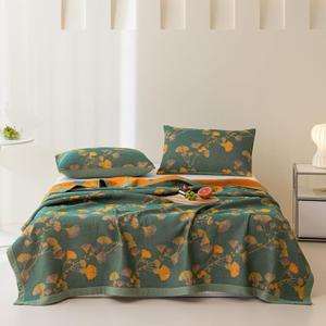 100% Cotton Jacquard Quilt Floral Ginkgo Leaves Print, Soft Muslin Bed Cover 3 Layers Reversible Bedspread Coverlet Breathable Lightweight Bedding, Twin(59"x94"), No Pillow Sham (Green)