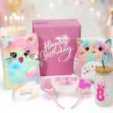 Niskite 8 Year Old Girl Birthday Gift: 8th Birthday Gift Set for Girls | Fuzzy Cat Diary with Lock, Bday Tumbler & Headband - Unique Basket Present for Daughter Granddaughter Niece