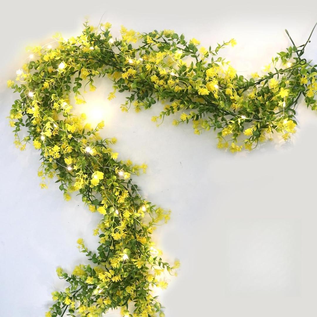 RECUTMS 3 Pcs Green Garland with Lights Fern Hanging Light Fake Hanging Vines Spring Garland with Lights Green Leaf Vines for Spring Home Wall Mantel Party Wedding Fireplace Decoration(Yellow)