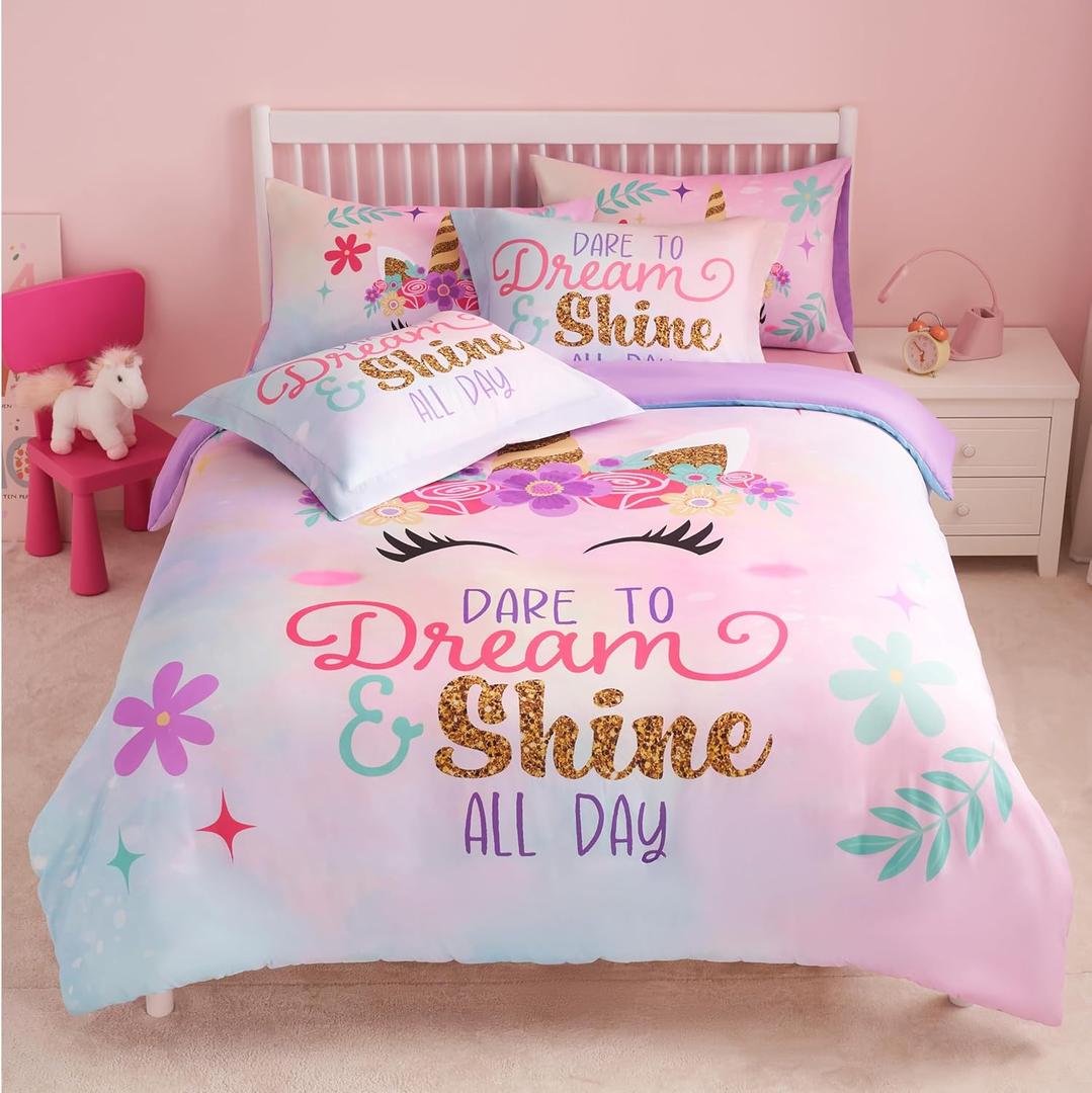 Joiedomi Kid Full Comforter Set 7 Piece Unicorn Bedding Set for Boys Girls Super Soft Microfiber Bed in a Bag with Comforter Sheets Pillowcase & Sham (Pink Purple Unicorn)