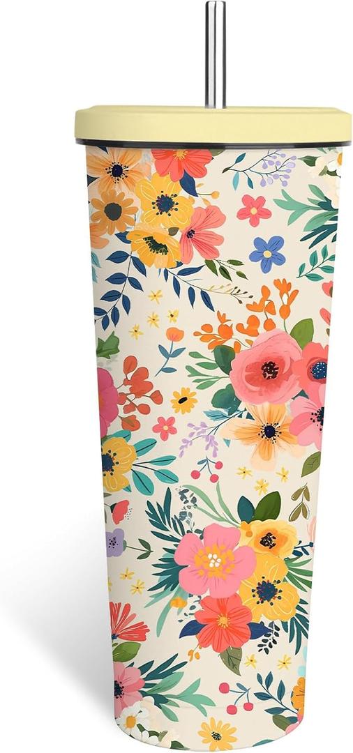 Floral Boho Tumbler 24oz With Lid, Flowers Gifts, Flower Coffee Cup Gifts for Women Girls