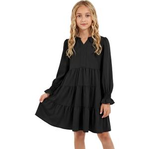 Cubear Girls' Casual A-Line Dress with Ruffle Hem Long Sleeve V-Neck Pocket Teen Girls Dress Tween Junior Dresses, 5-14 Years (Black)