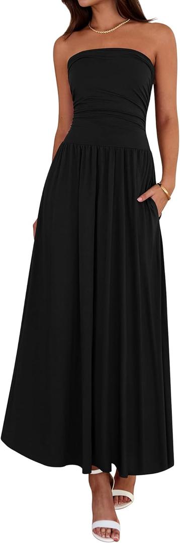 BTFBM Summer Maxi Dresses for Women 2026 Strapless Ruched Tube Top Beach Vacation Spring Wedding Guest Dress Pockets, Small