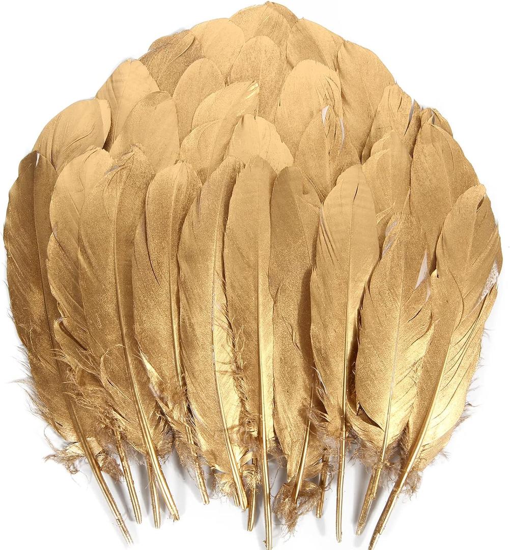 THARAHT 120pcs Gold Goose Feathers Natural Bulk 6-8 inch 15-20cm for Crafts DIY Cosplay Wedding Party Halloween Decoration Goose Nagoire Feathers