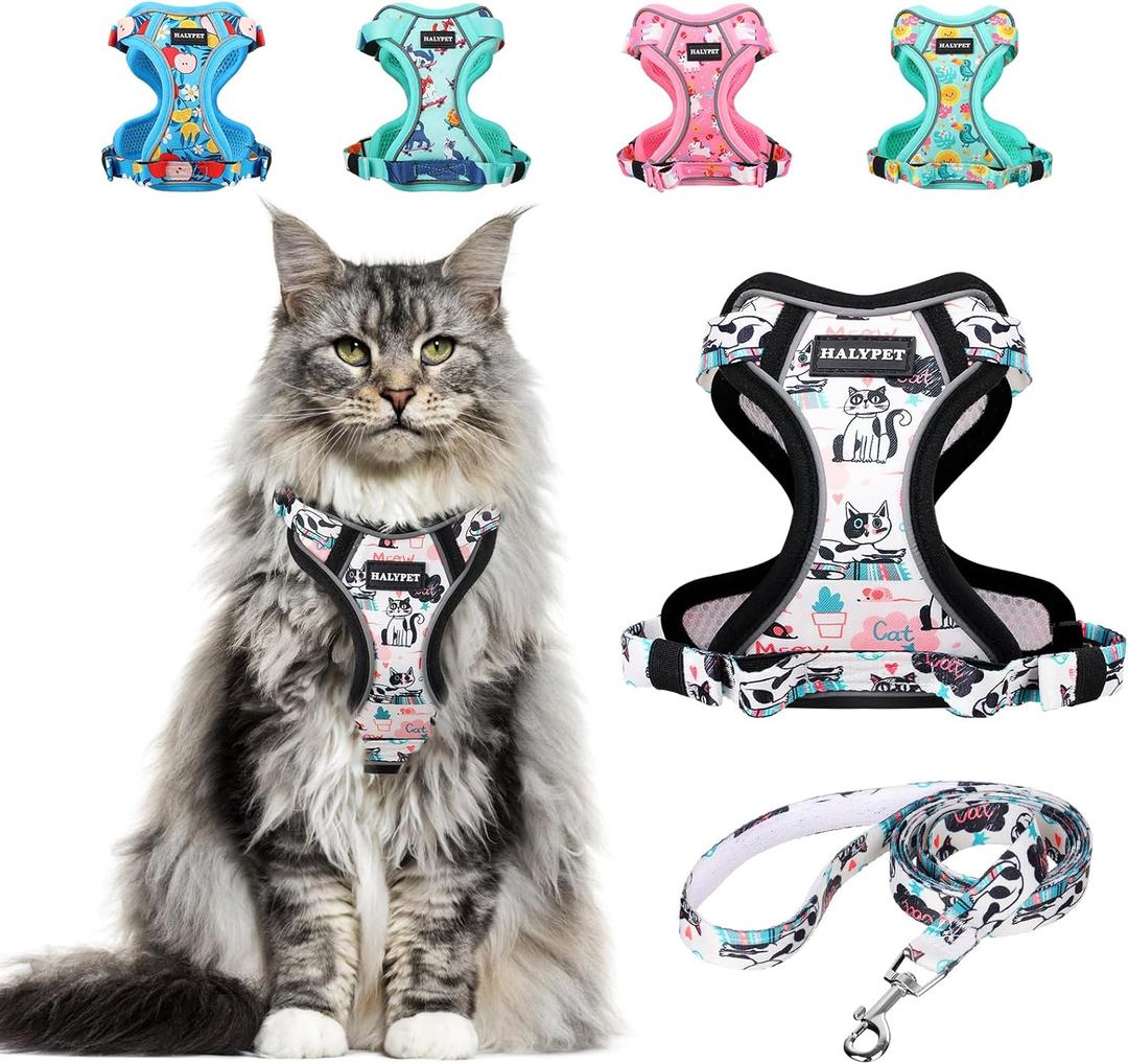 Halypet Cat Harness and Leash Set[MAX Safety 4th-Gen] Cute Escape Proof Vest Harness for Girl&Boy Cat Walking, Comfortable Adjustable Leash and Reflective Strips for Outdoor Kitten, M Inky Meowy (Medium (13-18lb))