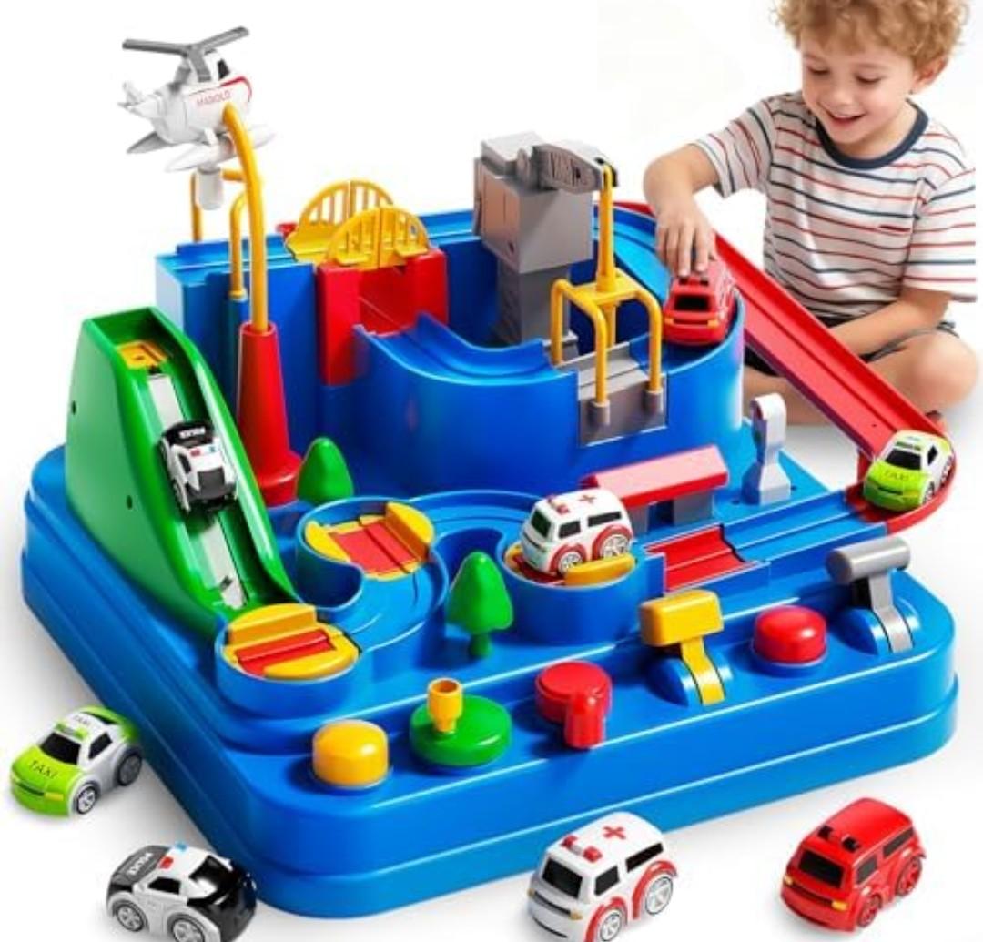 Siwuoke Toys for 3 Year Old Boys, Large City Adventure Car Race Track for Toddlers, STEM Montessori Playset & Helicopter, Educational Learning Toy, Birthday Christmas Grandkids Gifts, Missing Cars