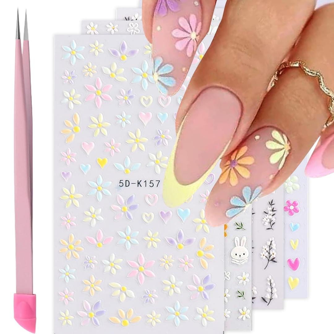 Flower Nail Art Stickers - 5D Embossed, Spring/Summer Daisy Designs, Self-Adhesive Decals for Women's Nail DIY Decoration (Colorful-01) Flower Nail Art Stickers - 5D Embossed, Spring/Summer Daisy Designs, Self-Adhesive Decals for Women's Nail DIY Decoration (Colorful-01)