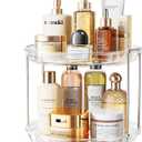 LAMU Rotating Makeup Organizer for Vanity, 10.6in 2 Tier Lazy Susan Turntable Stackable Spinning Skincare Organizer Cosmetic Perfume Tray Display for Bathroom Counterop, Large Capacity, Clear
