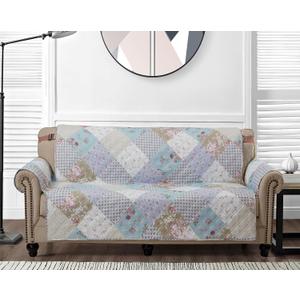 Brilliant Sunshine Blue and Green Rose Patchwork Couch Cover, Quilted Large Sofa Slipcover, 70" Seat Width, Slip Resistant Furniture Protector, 2" Strap, Washable Couch Cover for Kids, Dogs,Blue Green