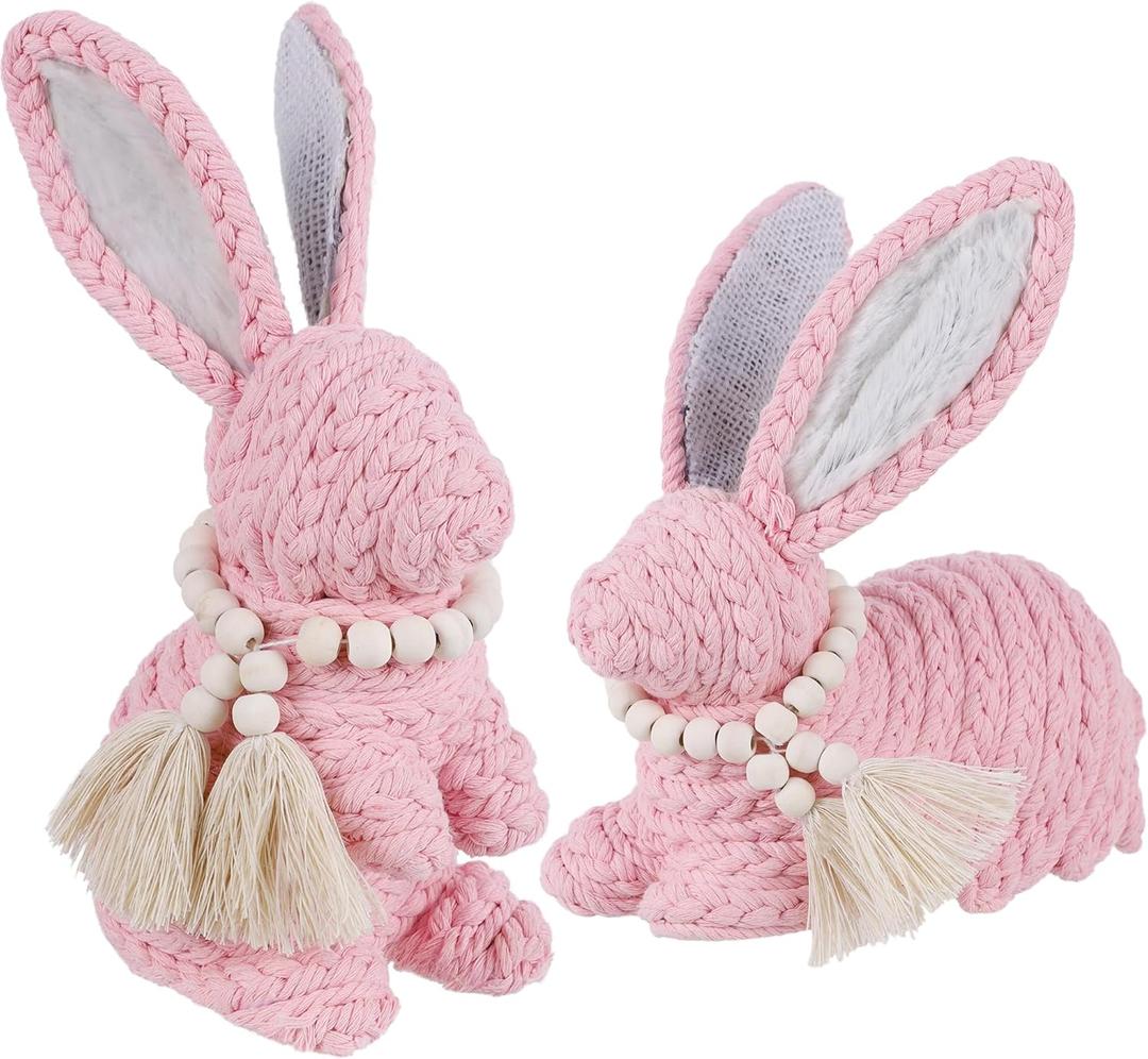 DR.DUDU 2 Pack Woven Bunny Easter Decor - Bunny Decorations for Home, Spring Rabbit Figurines for Shelf Table Centerpiece (Pink)