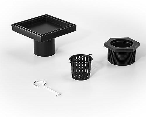 Bochni Shower Drain 4"*4" Matte Black 304 Stainless Steel | Fast Drainage | Tile Inserted | Stainless Floor Drain Grate | Hair Strainer | Drain Key | The Upgrade for Your Bathroom