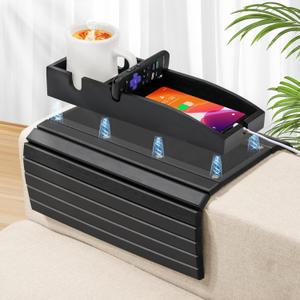 Joy&Grace Couch Cup Holder, 3-in-1 Magnetic Detachable Couch Arm Tray, Bamboo Sofa Armrest Table with Anti-Slip Pad, Sofa Armrest Tray Table (Black)