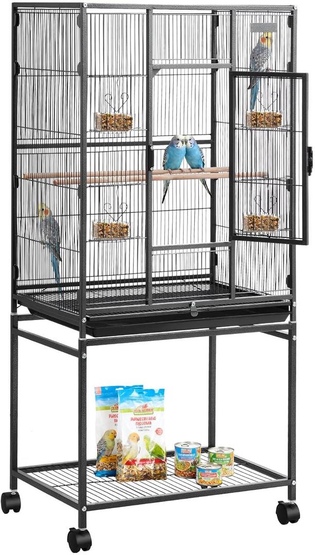 VEVOR Bird Cage, 24.6 x 16.7 x 53.9 inch, Flat Top, Wrought Iron Bird Flight Cage with Perches, Slide-Out Tray and Plastic Feeders, Casters, for Parrot, Blue Tit, Cockatiel, Canary, Budgerigar, Conure (Black)