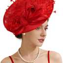 Unpifolov Fascinators Hats Elegant Women Flower Mesh Feathers Wedding Cocktail Bride Headband for Derby Hat Tea Party (One Size, Red)