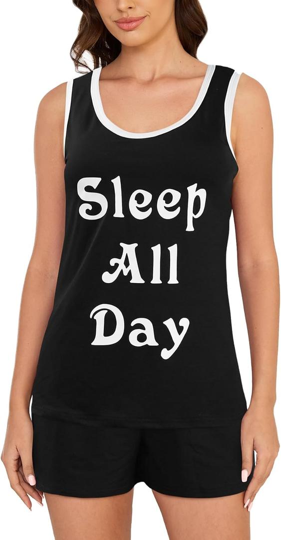 HONG HUI Womens Pajama Sets Sleeveless Tank Top and Shorts Pj Set Sleepwear,S-XXL (Small, Black)