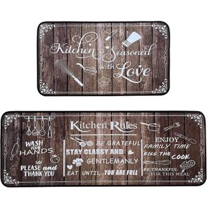 Brown Kitchen Rugs,Non Skid Washable Microfiber mats for Kitchen Floor, Kitchen Rules Theme Cushioned Runner Rug Decor Sets of 2 Pieces,17"x 47"+17"x 30"